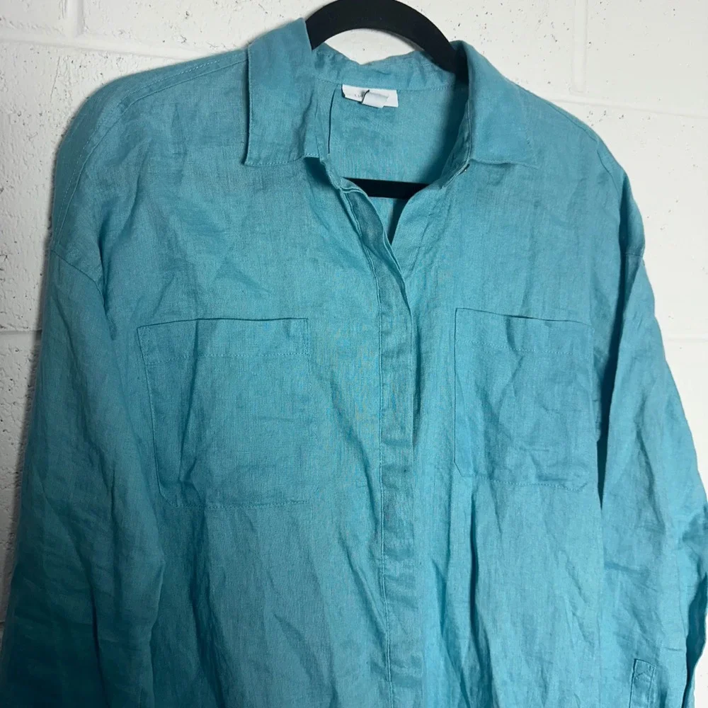 J. Jill Love Linen Teal Blue Button Down Shirt Long Sleeve Womens Small Pocket - Picture 1 of 4